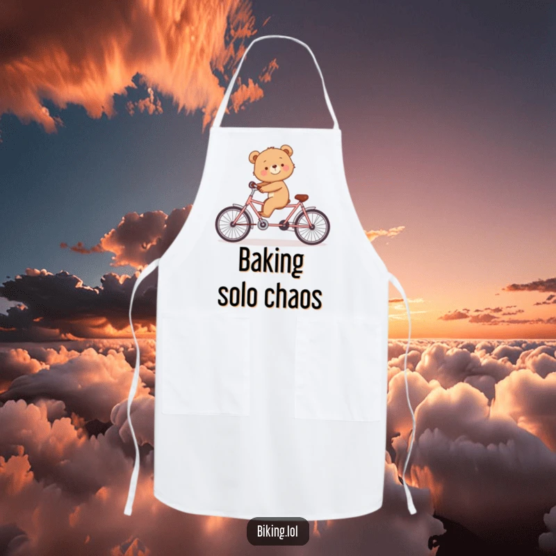 Funny apron showing a smiling bear cub struggling to balance on a tandem bicycle by itself.