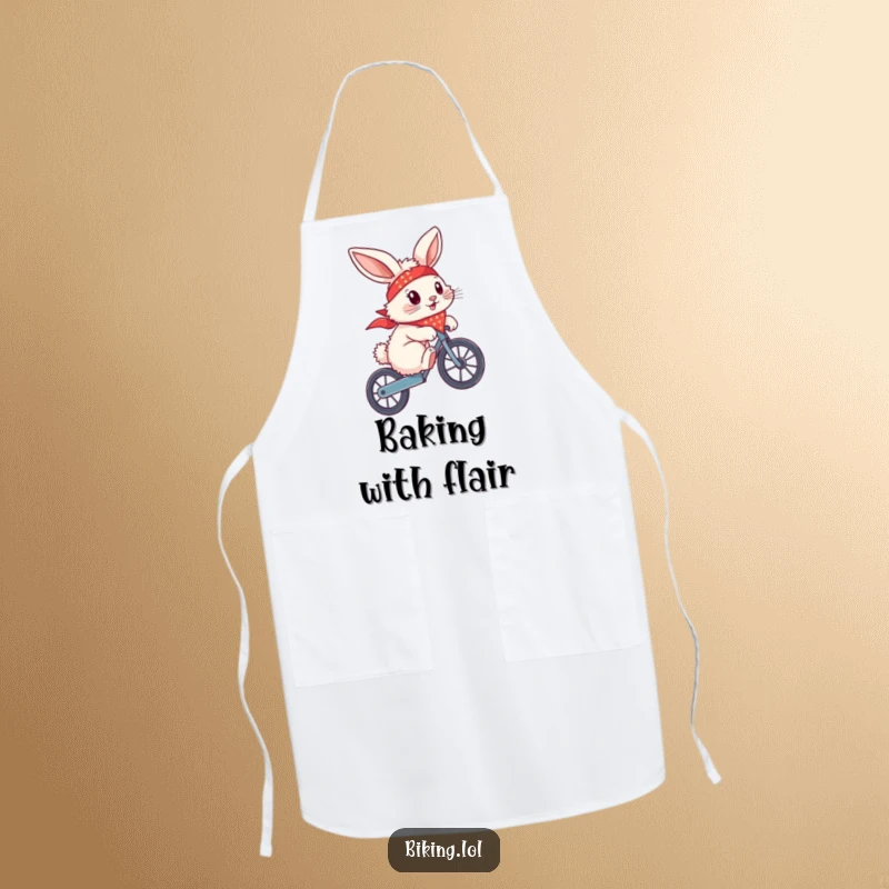 Funny bunny with a bandana, doing a wheelie on a bike, on a kitchen apron, for cooking with style.