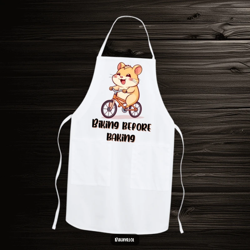 Funny hamster apron showing a determined hamster pedaling a tiny bicycle uphill with a joyful grin, ideal for cooks.