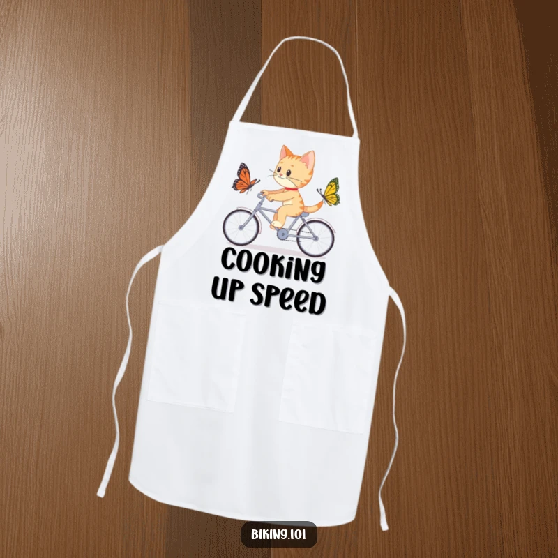 Funny apron depicting a determined cat chasing a butterfly on a tandem bicycle, perfect for adding humor to cooking duties.