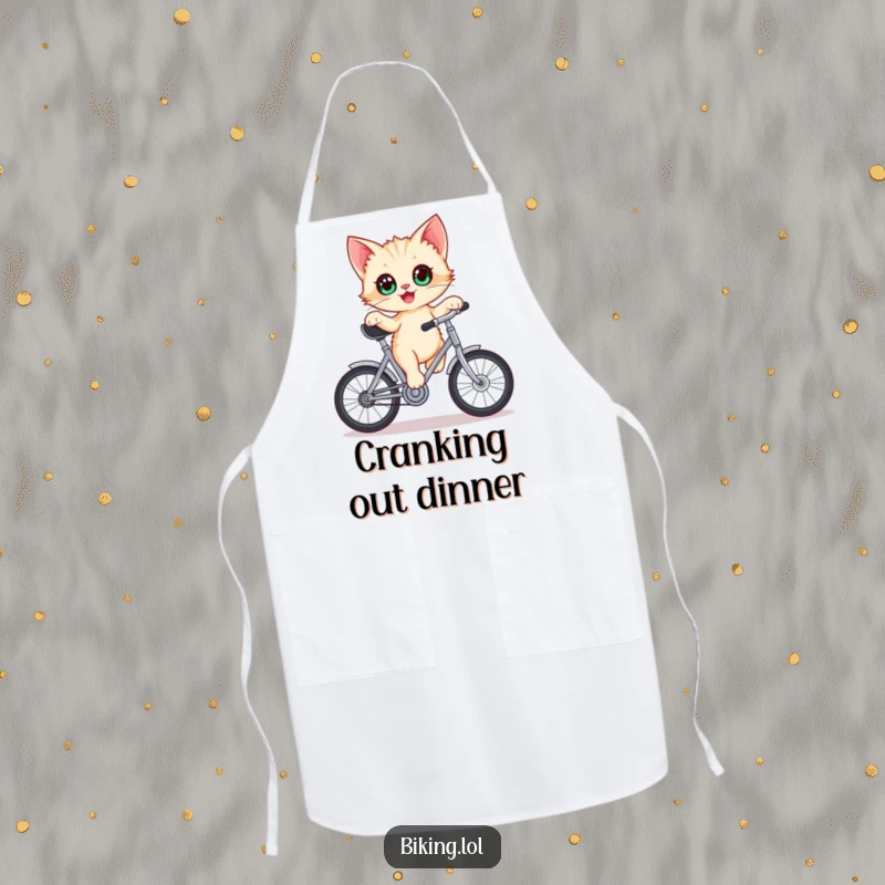Funny kitten apron, delighted kitten with wide eyes balancing on a stationary bicycle crank, ready for the kitchen.