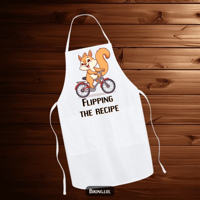 Funny apron showing a giggling squirrel riding a bicycle backwards, ready for kitchen mischief.