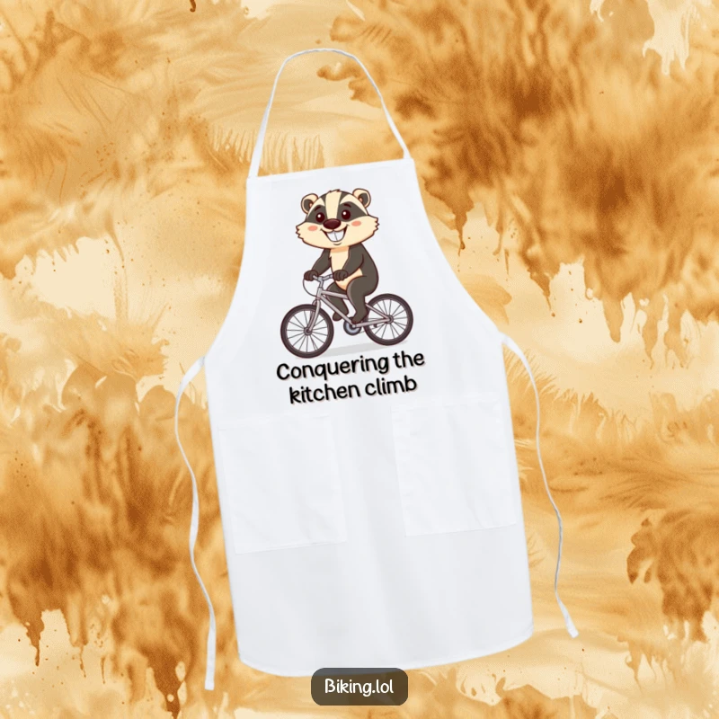 Funny apron showing a determined badger cycling uphill with a huge grin, ideal for kitchen use.