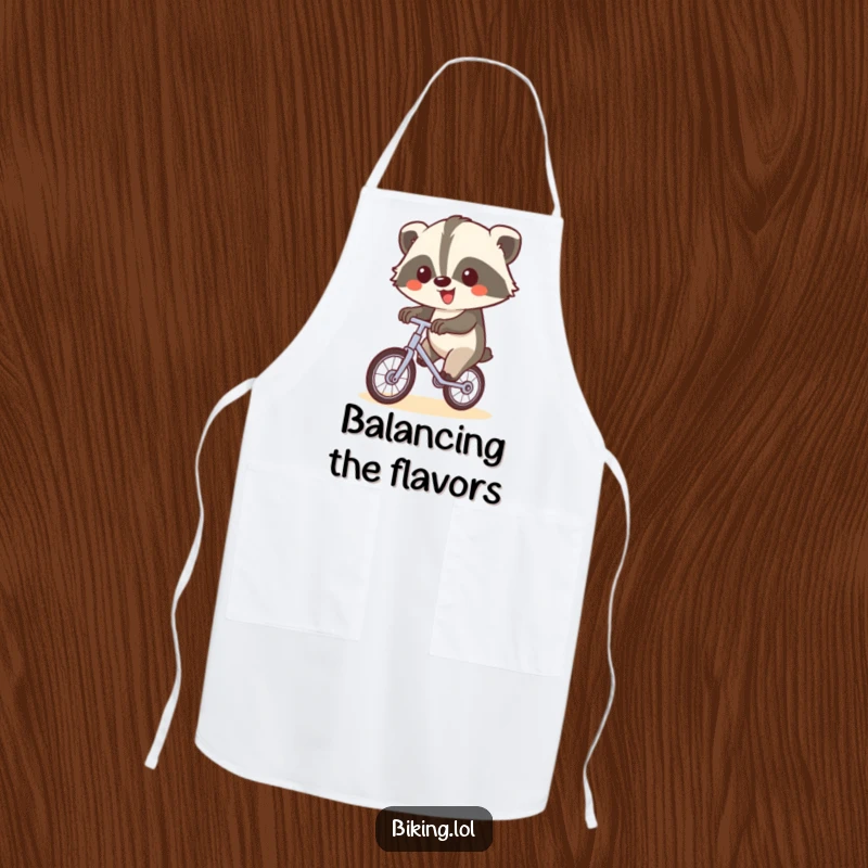 Funny apron with a happy badger on a unicycle, ready for kitchen adventures, a delightful funny gift.