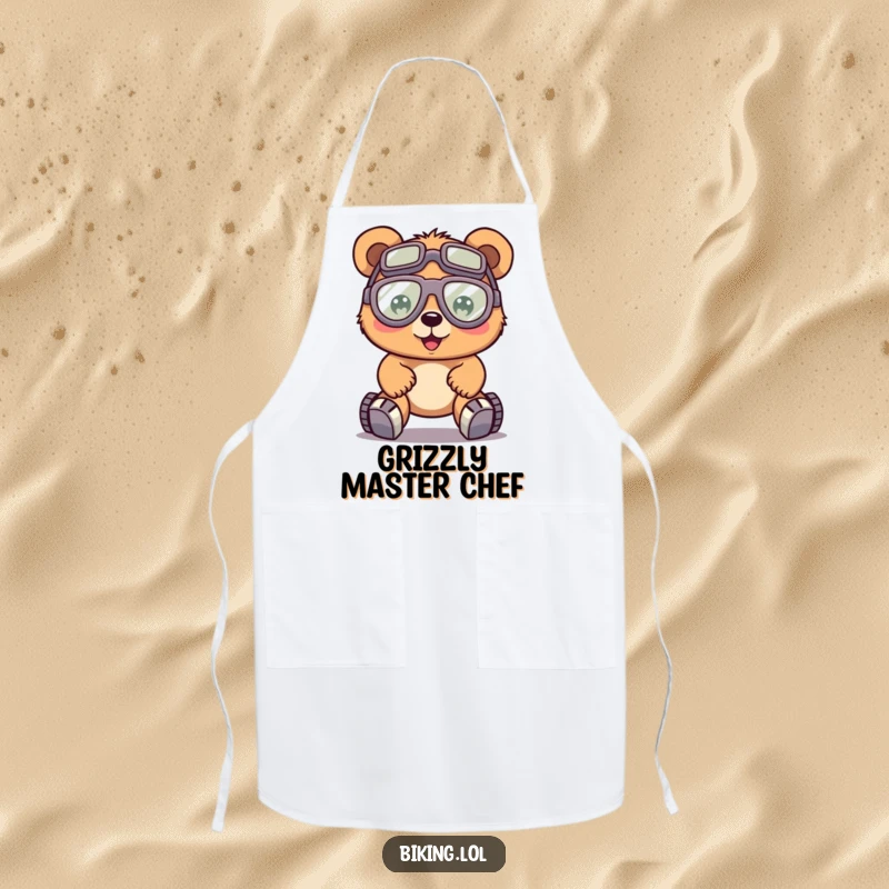 Funny bear with large goggles, pedaling a bike, on a kitchen apron, for cooking with effort.