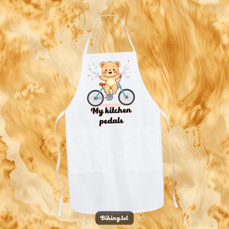 Funny bear cub riding a bicycle with streamers, a cheerful and practical apron for kitchen fun.