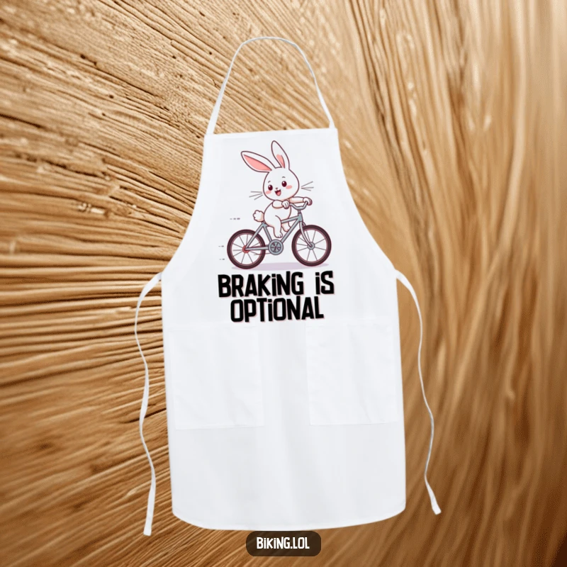 Funny apron featuring a joyous bunny riding a tiny bicycle downhill, wind in its ears, a symbol of energetic cooking.