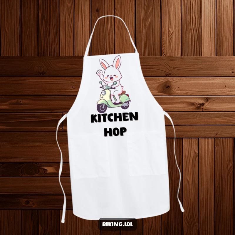 Funny bunny apron showing an enthusiastic bunny riding a scooter and pumping its fist, blending kitchen practicality with humor.