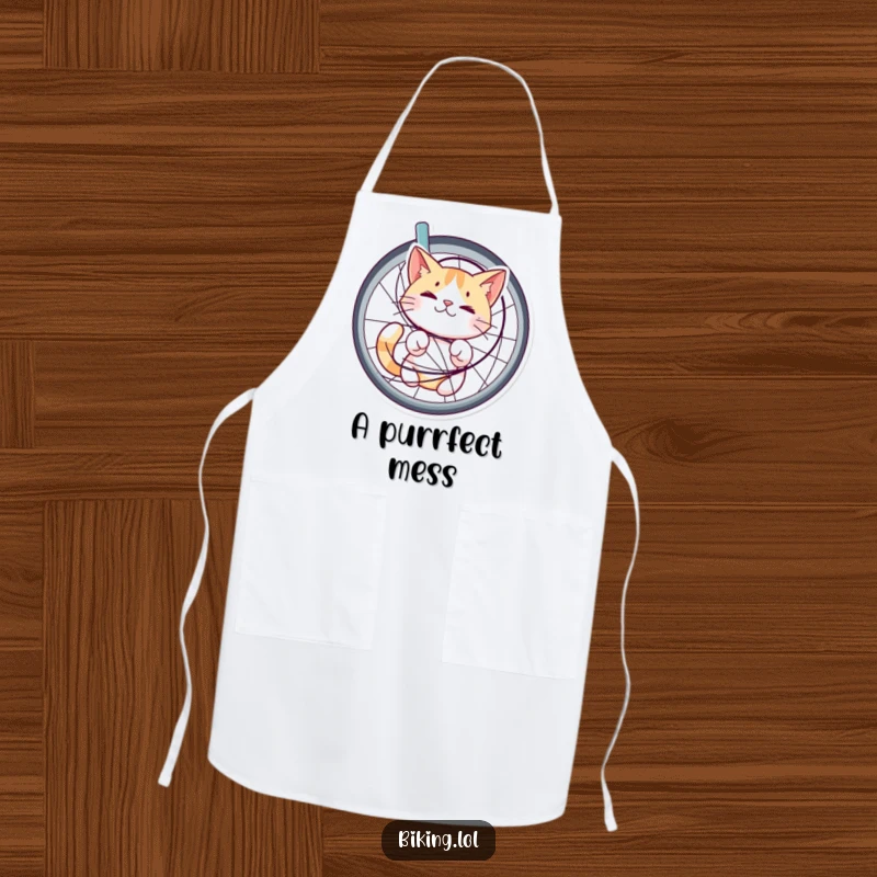 Funny apron showing a cat tangled in bicycle spokes, looking bewildered but happy, a humorous and charming addition to kitchen wear.