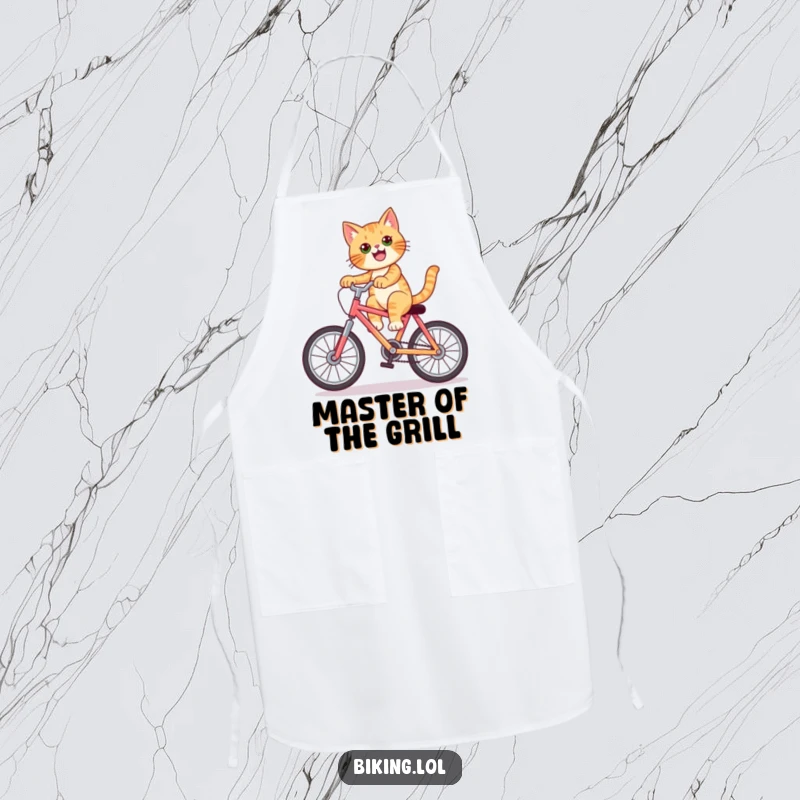 Funny cat apron showing a confident feline performing a wheelie on a bright bicycle, a humorous kitchen accessory.