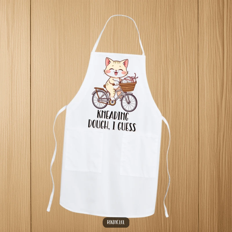Funny giggling cat riding a bicycle loaded with yarn, perfect for this humorous and practical kitchen apron.