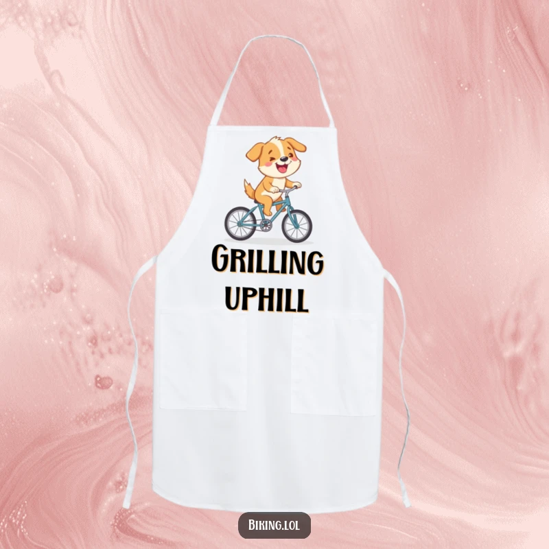 Funny apron with a cartoon dog riding a small bicycle uphill, adding a humorous touch to kitchen activities with a theme of perseverance.