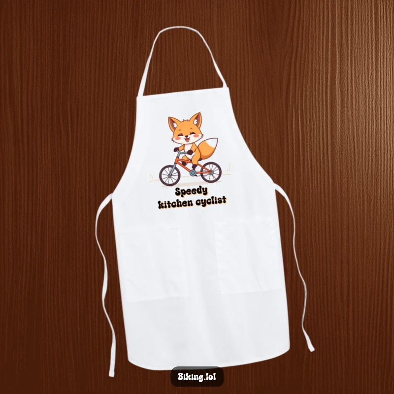Funny fox apron, joyfully riding a tiny bicycle downhill with paws outstretched, ready for kitchen adventures.