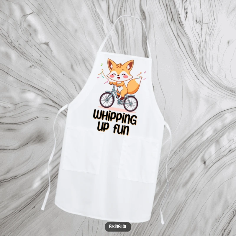 Funny apron showcasing a cheerful fox riding a bicycle with streamers, a humorous and functional kitchen accessory.