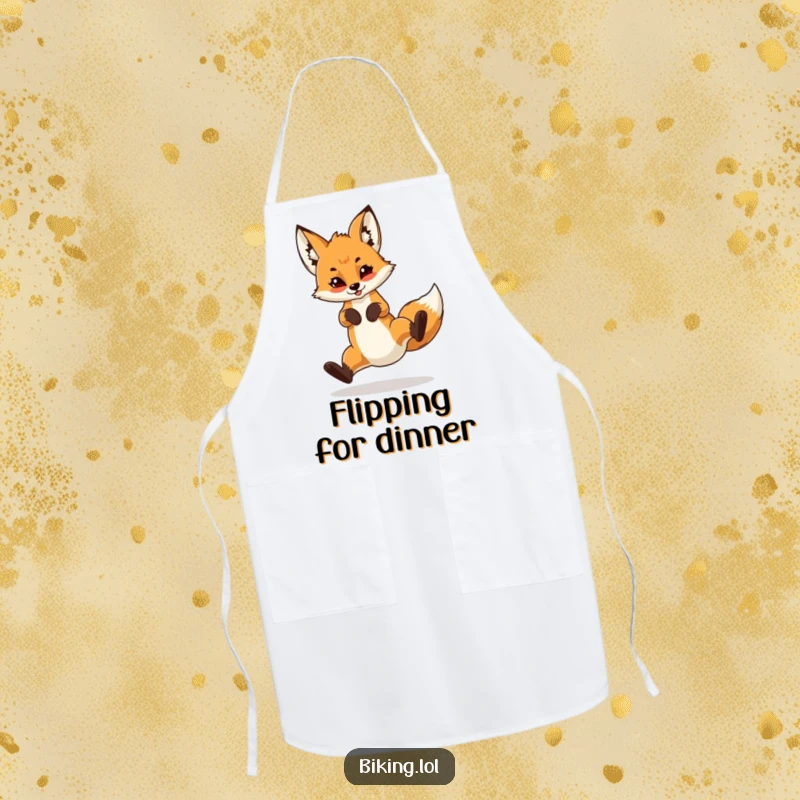 Funny apron depicting a confident fox cub performing a wheelie on a bicycle, perfect for adding humor to cooking duties.