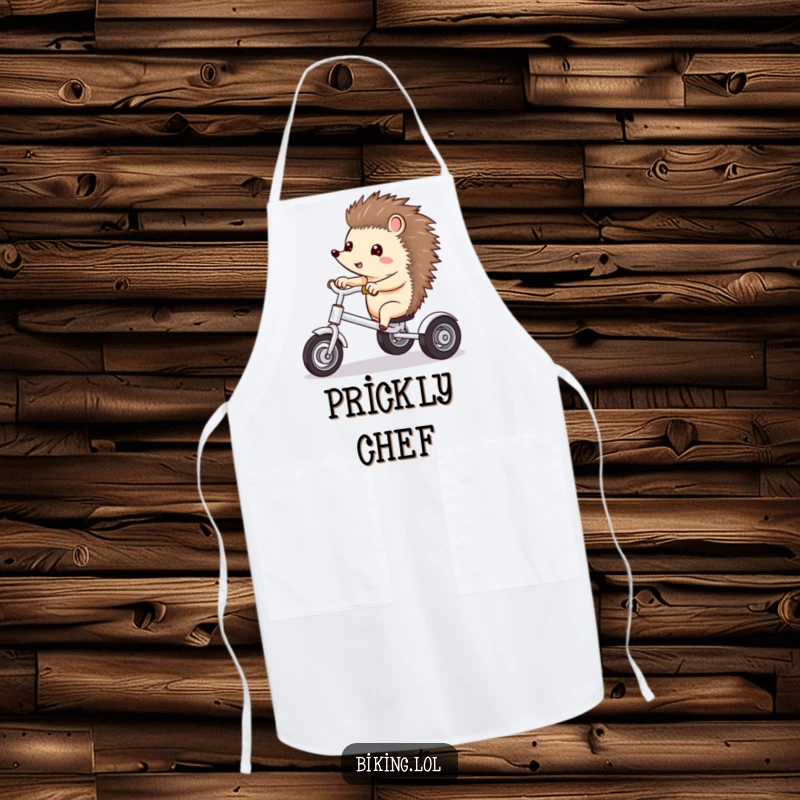 Funny apron showing a curious hedgehog excitedly pointing ahead while riding a tricycle.