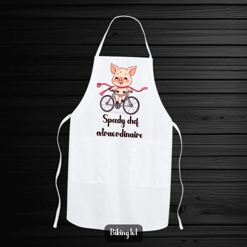 Funny pig character in a bicycle race, looking flushed and exhilarated, trailing a pink ribbon, on a functional kitchen apron.