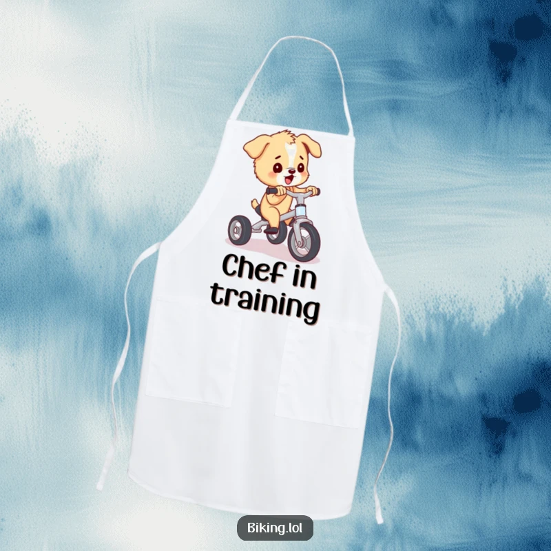 Funny puppy in an apron, pedaling a tiny tricycle with immense effort, a humorous and practical funny gift.