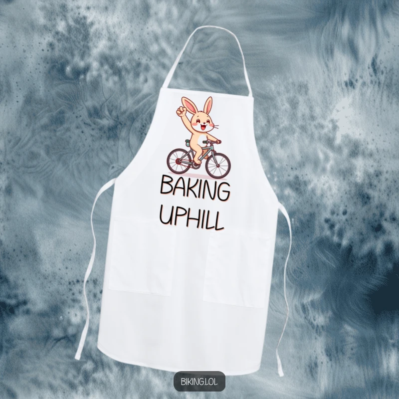 Funny apron showing a cheerful rabbit cycling uphill, pumping arm, ready for kitchen challenges.