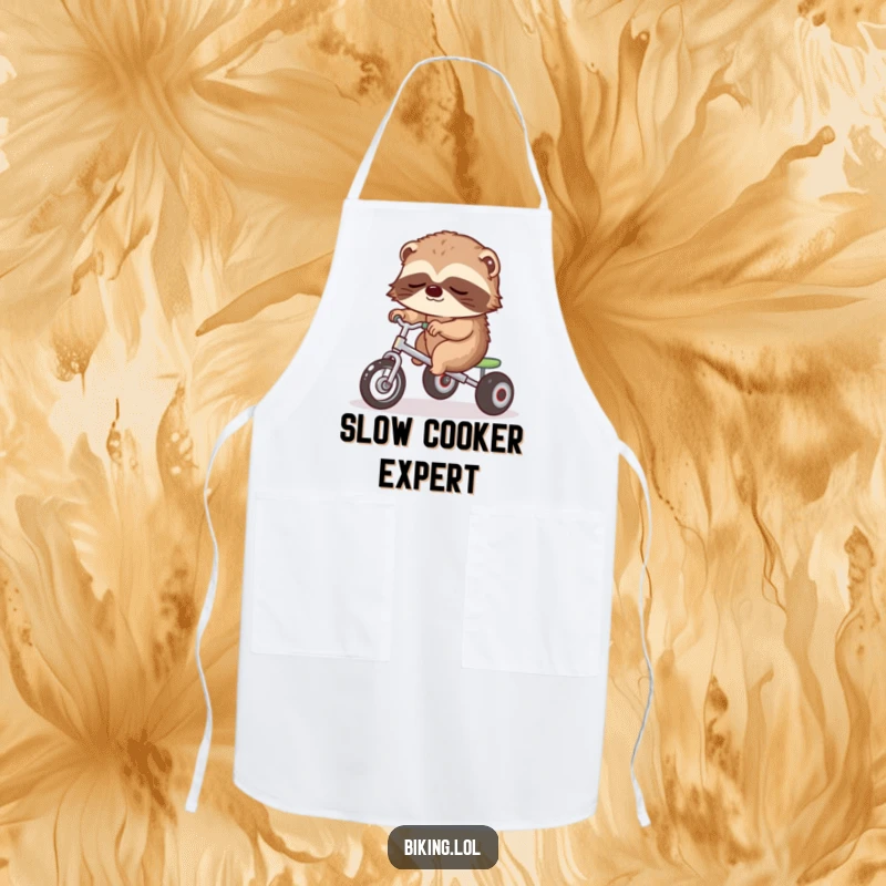 Funny apron showing a sleepy sloth slowly pedaling a tricycle, for relaxed cooking.