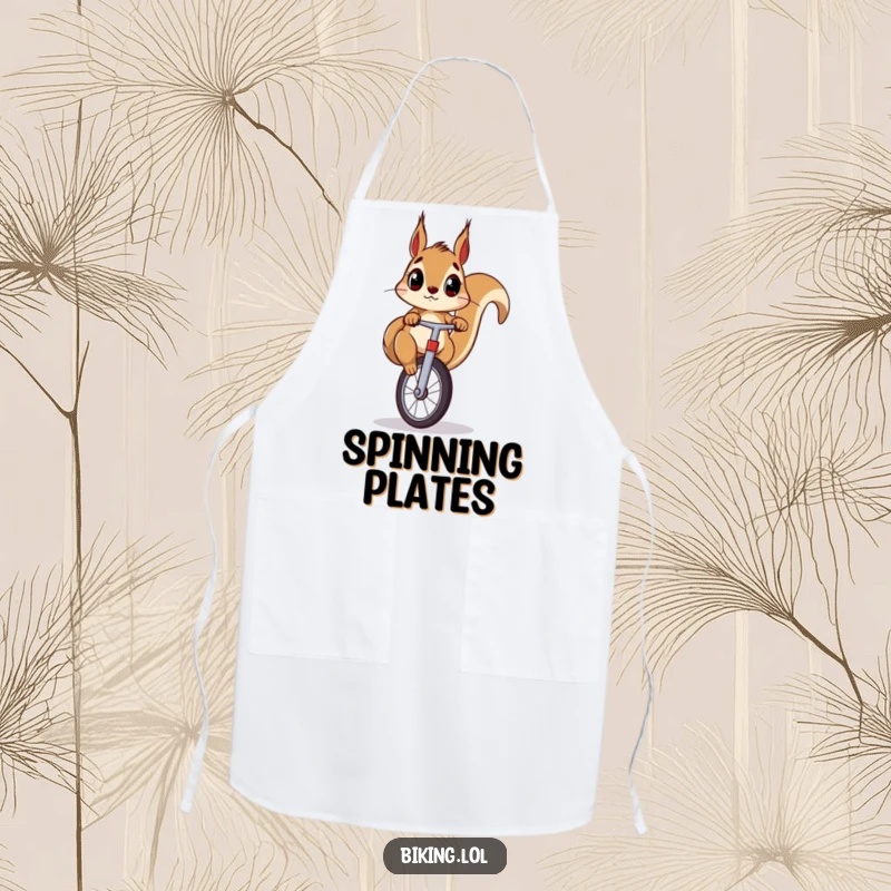 Funny squirrel apron showing a surprised squirrel balancing on a unicycle while cooking, blending kitchen practicality with humor.