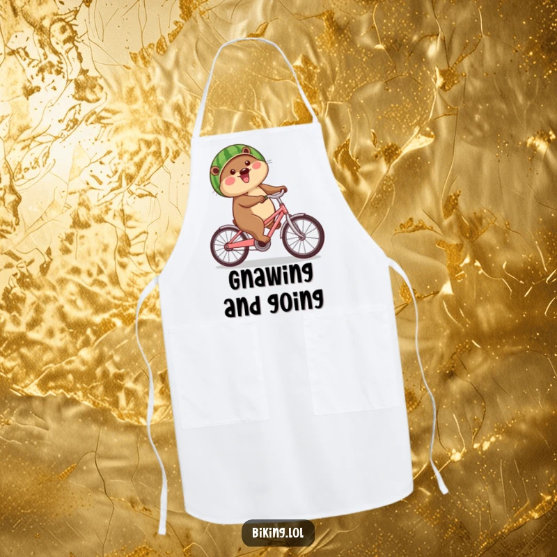 Funny beaver apron showing a happy beaver biking with a watermelon as a helmet, perfect for kitchen humor and cooking.