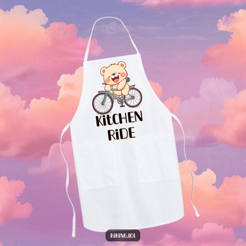 Funny apron with a laughing bear cub falling off a bicycle with a silly face, humorous kitchen protection.