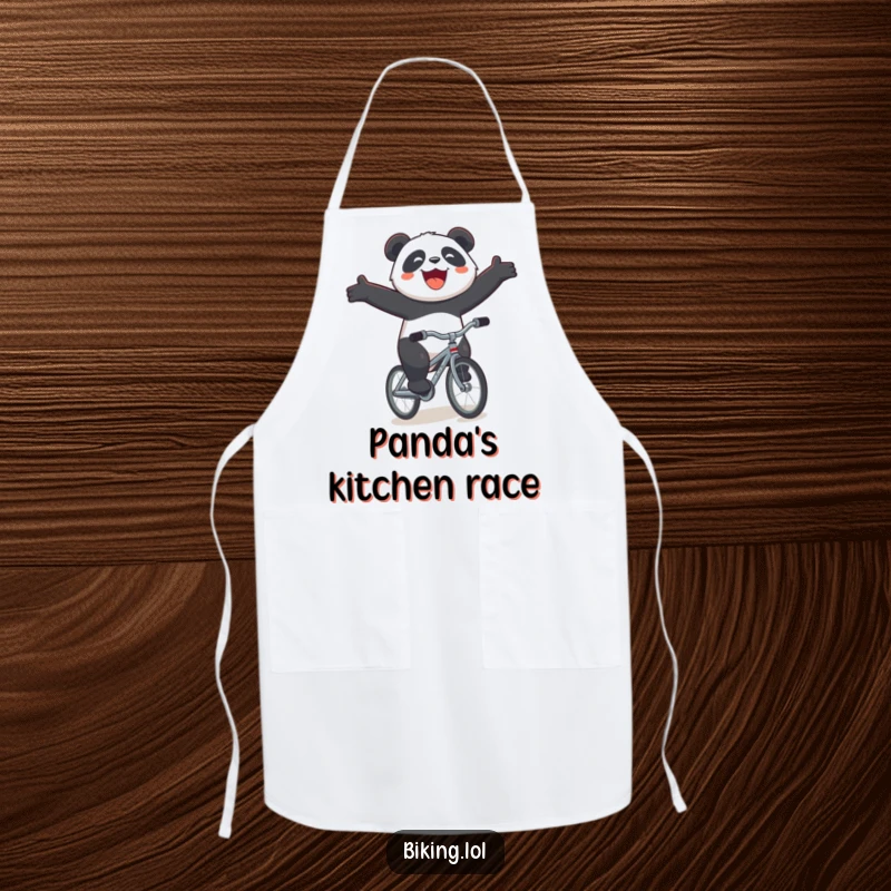 Funny panda bicycle apron, a joyous panda riding a tiny bicycle downhill with arms outstretched, adding fun to kitchen tasks.
