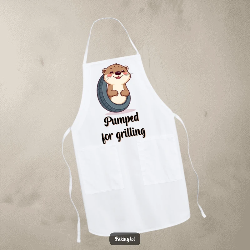 Funny otter apron, curious otter enthusiastically pumping a tire with a cheerful grin, ready for kitchen tasks.