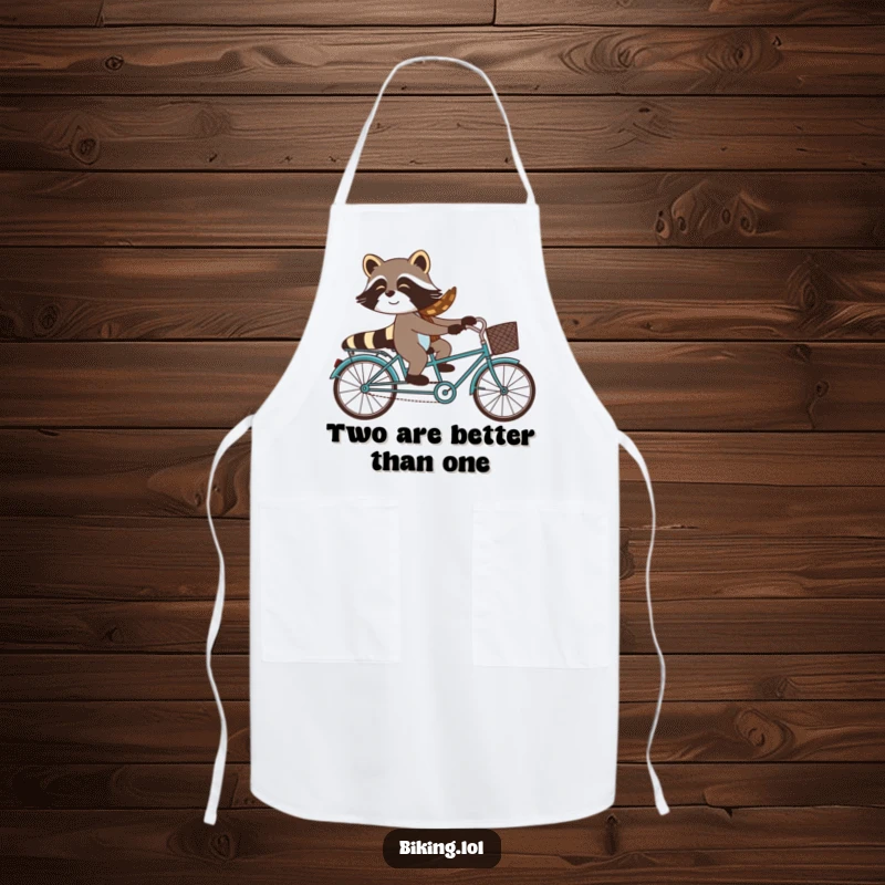 Funny raccoon navigating a tandem bike during a kitchen adventure, featured on this humorous and practical apron.
