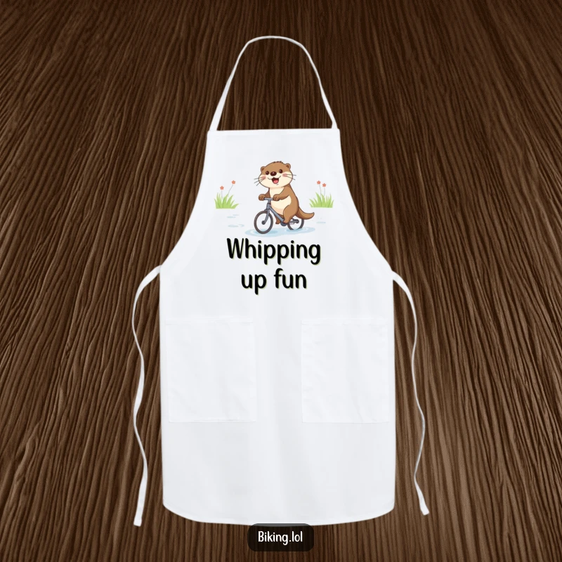 Funny apron depicting a joyful otter cycling on a tiny bike down a river, for cooking.