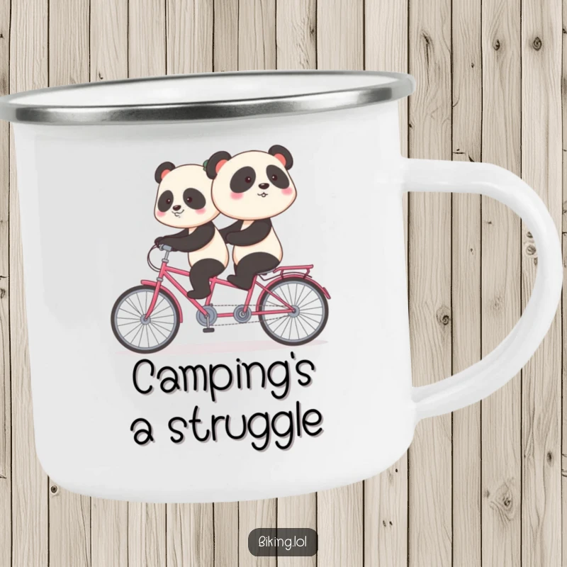 Funny panda camping mug with a shy panda pedaling backward on a tandem bike, designed for outdoor humor and relatable awkwardness.