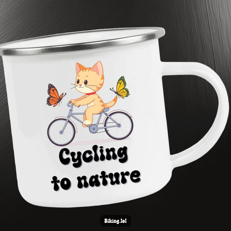 Funny camping mug with a determined cat chasing a butterfly on a tandem bicycle, ideal for humorous outdoor adventures.