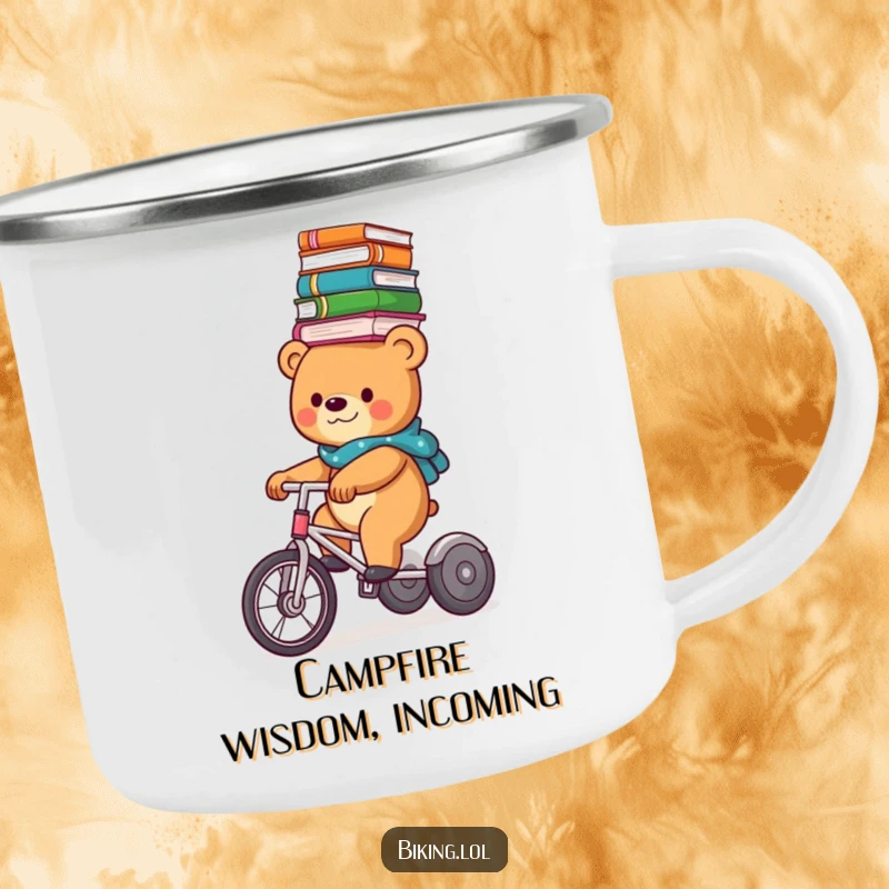 Funny bear character balancing a stack of books on its head while riding a tricycle, designed for a sturdy camping mug.