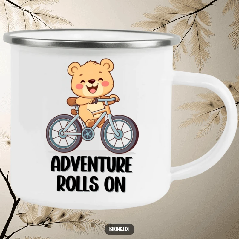 Funny camping mug showing a happy bear cub grinning while pedaling a bicycle with oversized wheels, ideal for outdoor enthusiasts.