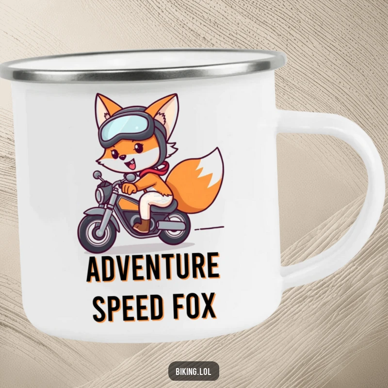 Funny fox camping mug, wearing helmet and goggles, speeding on a bike, a durable and humorous funny gift.