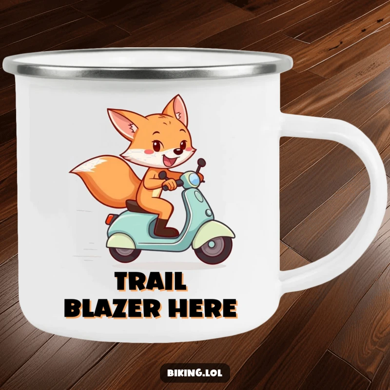 Funny camping mug with a playful fox on a scooter crossing a finish line, ideal for funny gifts.
