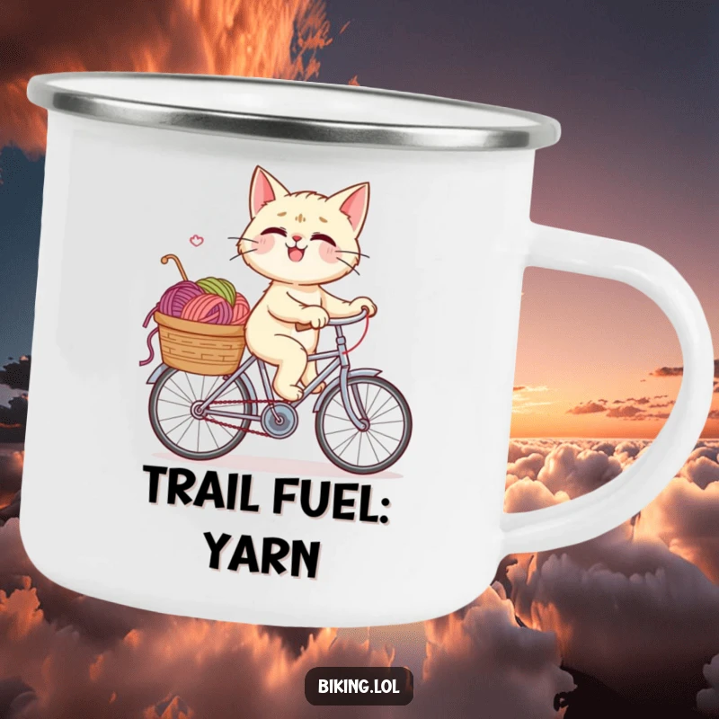 Funny camping mug featuring a giggling cat joyfully riding a bicycle, its yarn-filled basket ready for any outdoor adventure and hilarious moments.
