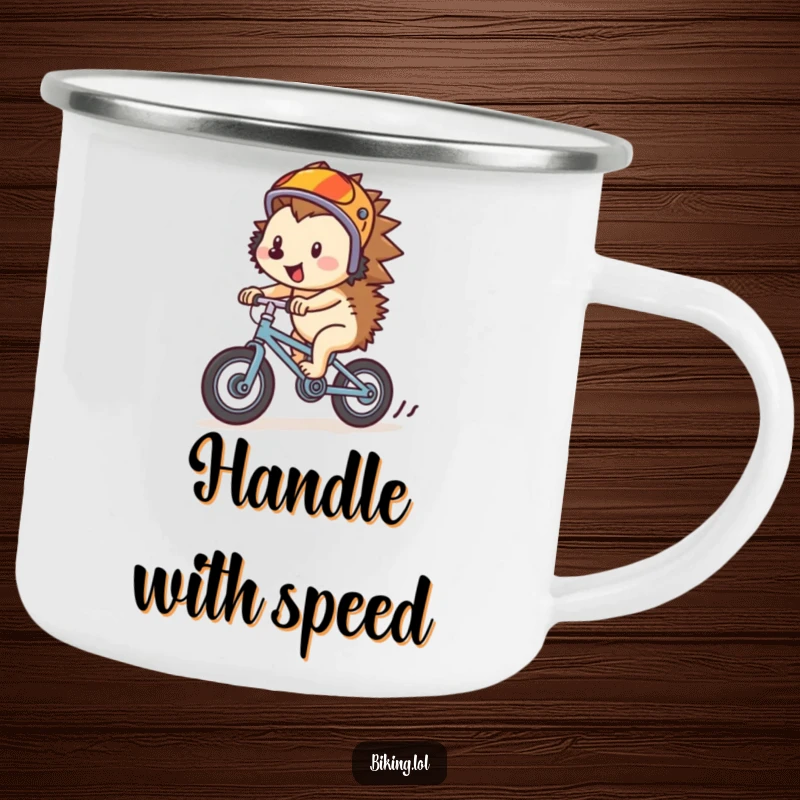 Funny hedgehog in helmet, cycling downhill on a tiny bike, on a metal camping mug, for outdoor fun.