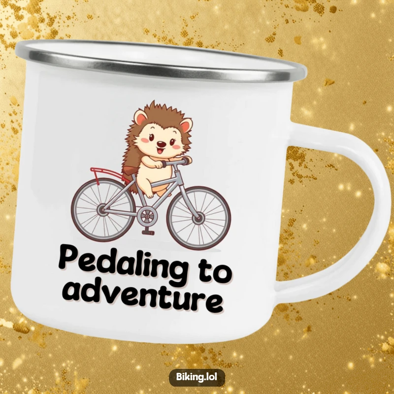 Funny camping mug showing a happy hedgehog pedaling a tiny bicycle with oversized wheels, for outdoor journeys and fun.