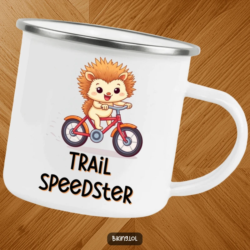 Funny camping mug with a tiny hedgehog biking downhill, wind ears, perfect for outdoor funny gifts.
