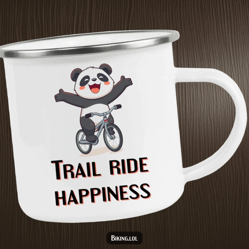 Funny panda bicycle camping mug, a joyous panda riding a tiny bicycle downhill with arms outstretched, for outdoor enthusiasts.