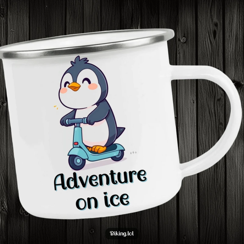 Funny Penguin Camping Mug: An excited penguin determinedly rides a scooter, perfect for adventures and beverages.
