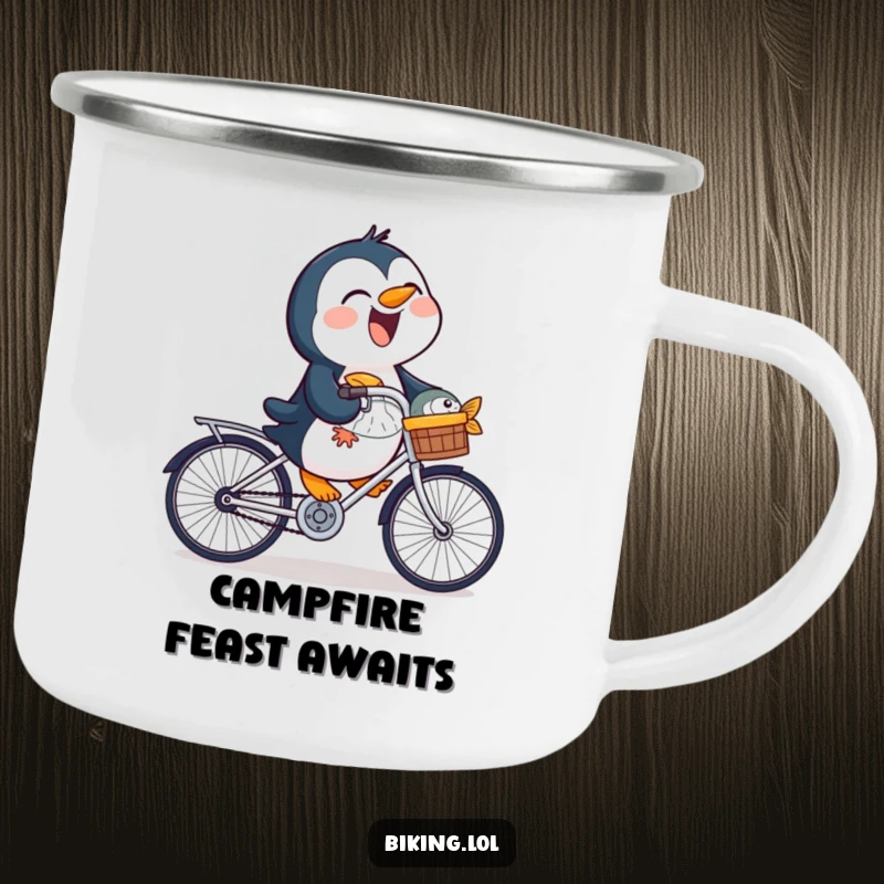 Funny penguin camping mug showing a laughing bird on a bicycle with a fish, perfect for outdoor fun and humor.
