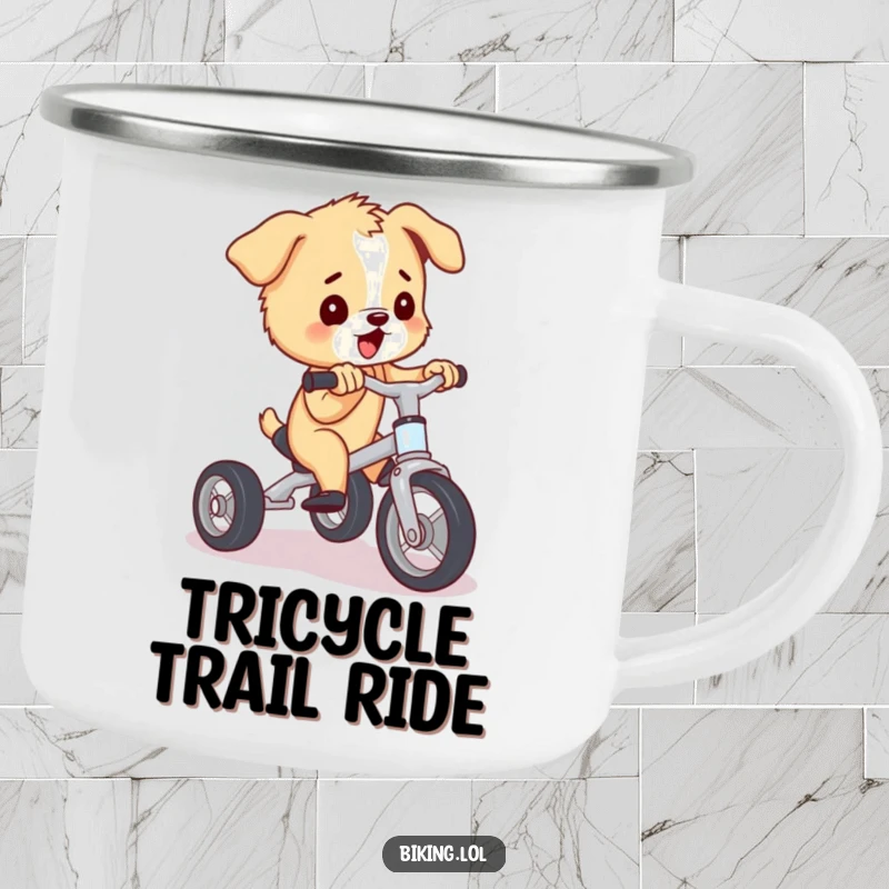 Funny puppy camping mug, pedaling a tiny tricycle with immense effort, a durable and humorous funny gift.