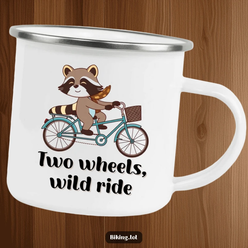 Funny raccoon riding a tandem bicycle in an outdoor setting, depicted on this durable and humorous camping mug.