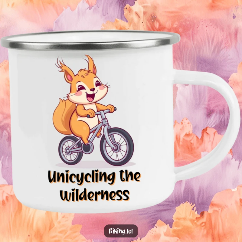 Funny squirrel camping mug, cheerful squirrel with windblown fur pedaling a unicycle with a big smile outdoors.
