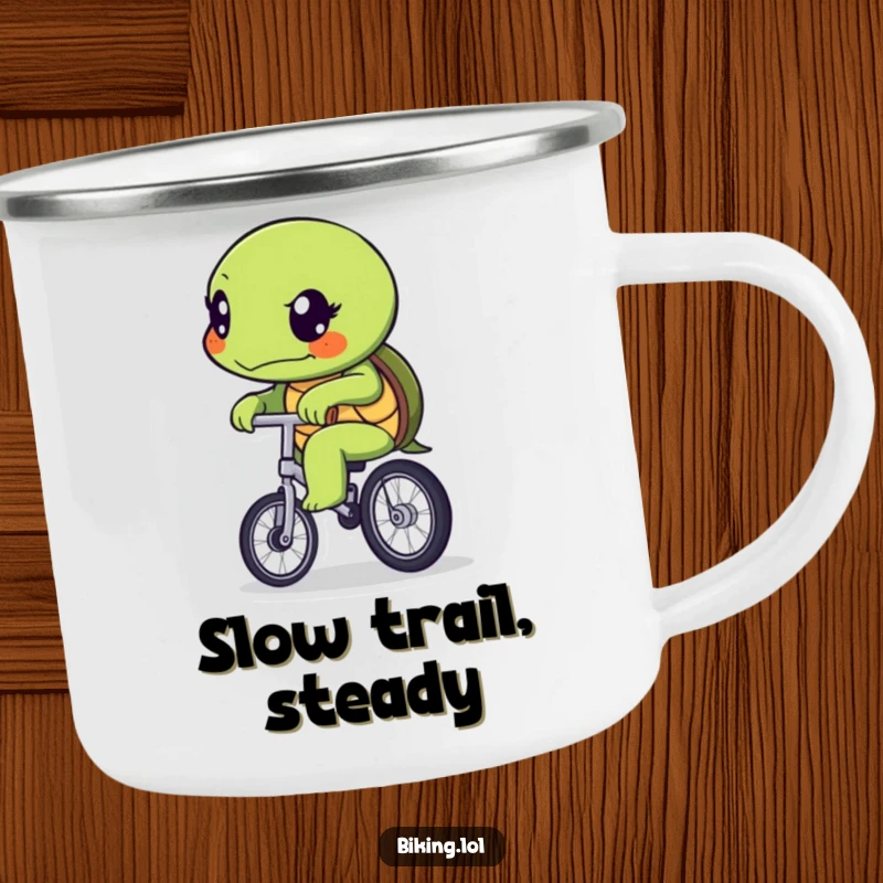 Funny determined turtle character slowly pedaling a unicycle, designed for a sturdy camping mug.