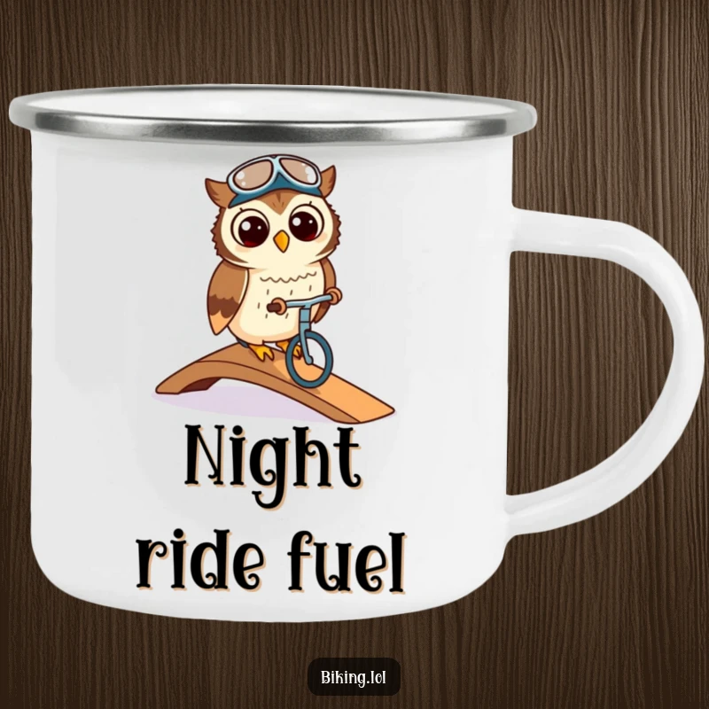 Funny owl wearing a cycling cap, elegantly riding a ramp on a bike, on a metal camping mug, for campfire wisdom.