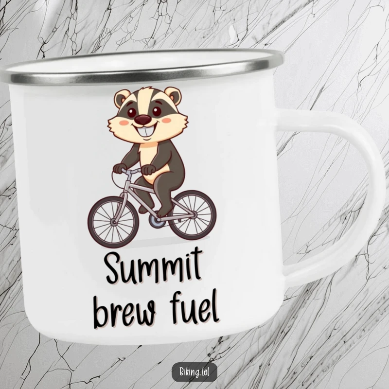 Funny camping mug with a determined badger cycling uphill, big grin, for outdoor enthusiasts.